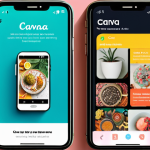 **Vibrant mobile design app interface on a smartphone screen, showcasing Canva's intuitive drag-and-drop features and diverse templates, with a focus on ease of use for beginners.**