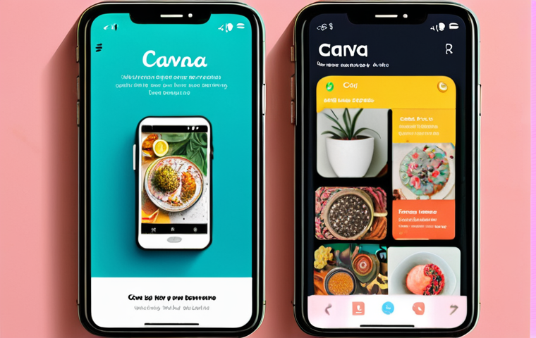 **Vibrant mobile design app interface on a smartphone screen, showcasing Canva's intuitive drag-and-drop features and diverse templates, with a focus on ease of use for beginners.**