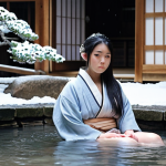 **

A serene onsen (温泉) scene in winter. Snow gently falling on the surrounding rocks and pine trees. A young woman (若い女性) with long, dark hair is relaxing in the steaming water, wearing a simple yukata (浴衣) partially removed. Her expression is peaceful and contemplative. In the background, a traditional Japanese ryokan (旅館) is visible, softly lit. Soft, diffused lighting. Watercolor style.

**