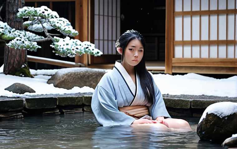 **

A serene onsen (温泉) scene in winter. Snow gently falling on the surrounding rocks and pine trees. A young woman (若い女性) with long, dark hair is relaxing in the steaming water, wearing a simple yukata (浴衣) partially removed. Her expression is peaceful and contemplative. In the background, a traditional Japanese ryokan (旅館) is visible, softly lit. Soft, diffused lighting. Watercolor style.

**