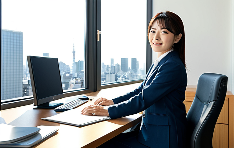디지털 미디어에서의 스토리텔링 도구 활용 - **

A professional businesswoman in a modest business suit, sitting at a desk in a modern office, fu...