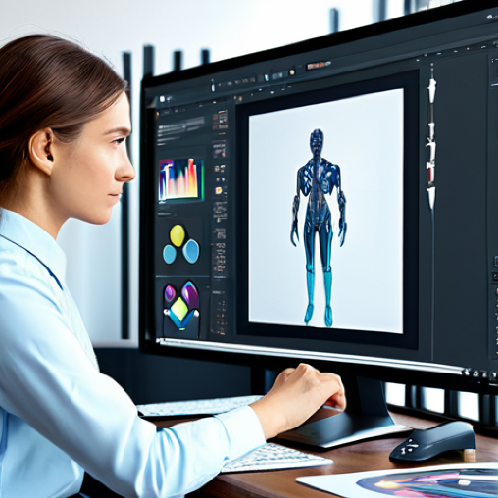 디지털 콘텐츠 제작의 미래 도구의 Role - AI-Assisted Creative Professional**
"A focused digital artist, fully clothed in professional attire...