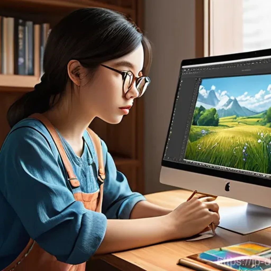 디지털 아트 창작을 위한 툴 비교 분석 - A focused professional female illustrator, wearing comfortable yet stylish overalls over a t-shirt, ...
