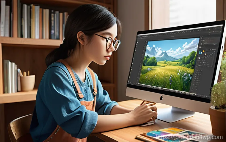 디지털 아트 창작을 위한 툴 비교 분석 - A focused professional female illustrator, wearing comfortable yet stylish overalls over a t-shirt, ...