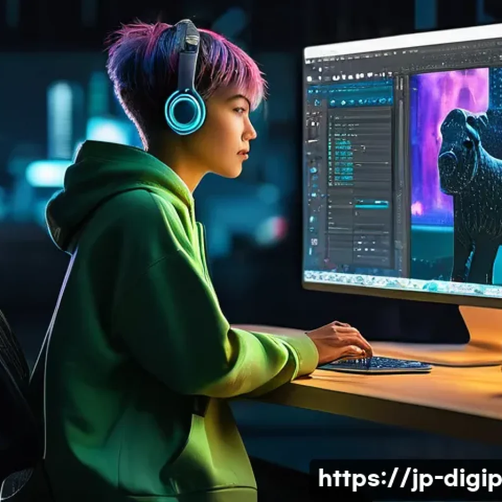 디지털 아트와 관련된 유용한 소프트웨어 - **A Digital Artist Utilizing AI in Photoshop**
A female digital artist, mid-20s, with a chic, sh...