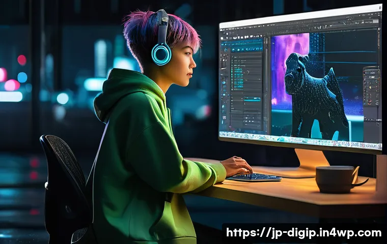디지털 아트와 관련된 유용한 소프트웨어 - **A Digital Artist Utilizing AI in Photoshop**
    A female digital artist, mid-20s, with a chic, sh...