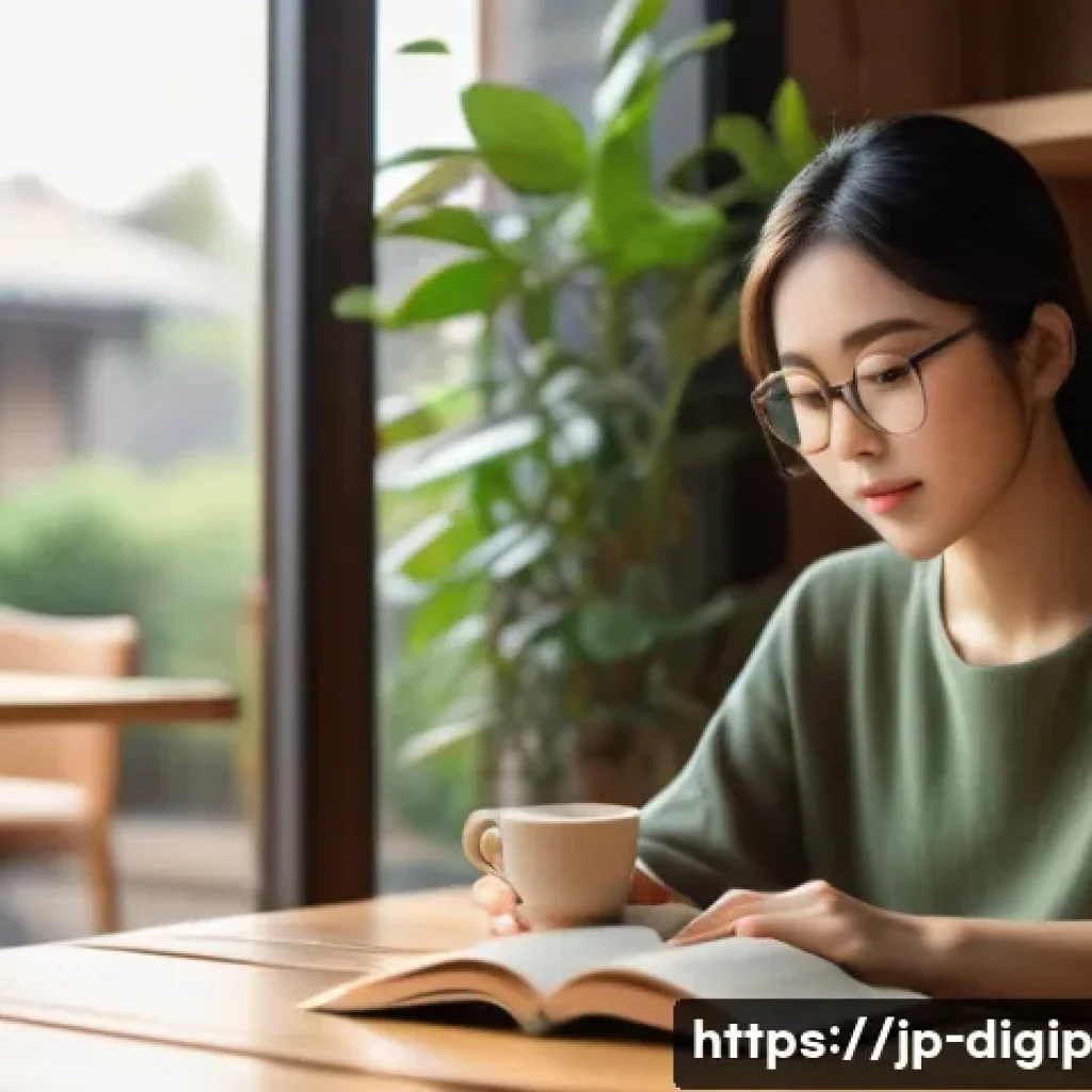 인공지능을 활용한 창의적 콘텐츠 생성 방법 - A calm, cozy cafe scene featuring a young Japanese woman reading a book at a wooden table, soft natu...