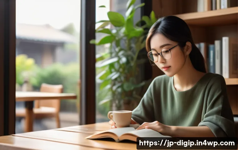 인공지능을 활용한 창의적 콘텐츠 생성 방법 - A calm, cozy cafe scene featuring a young Japanese woman reading a book at a wooden table, soft natu...