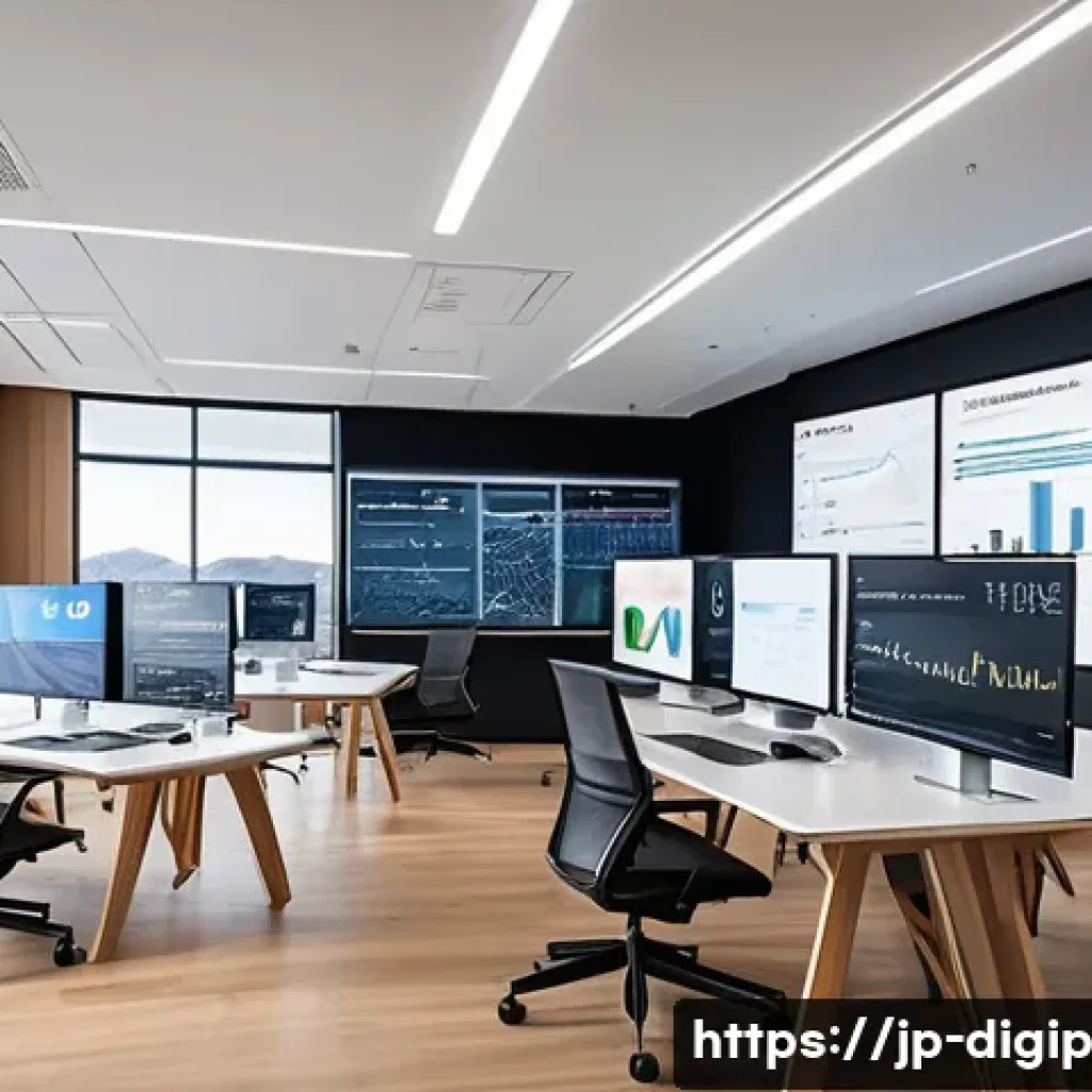 디지털 도구를 활용한 성과 분석 방법 - A modern Japanese office environment with diverse professionals collaborating around multiple large ...