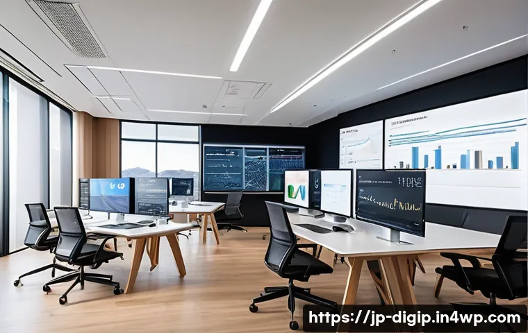 디지털 도구를 활용한 성과 분석 방법 - A modern Japanese office environment with diverse professionals collaborating around multiple large ...