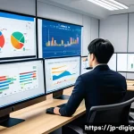 디지털 도구를 활용한 마케팅 전략 - A modern digital marketing workspace featuring a diverse Japanese team of young professionals analyz...