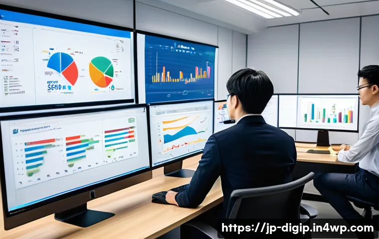 디지털 도구를 활용한 마케팅 전략 - A modern digital marketing workspace featuring a diverse Japanese team of young professionals analyz...
