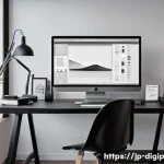 디자인 소프트웨어 선택 시 고려해야 할 요소 - A sleek modern workspace featuring a Japanese designer using Adobe Photoshop on a large high-resolut...