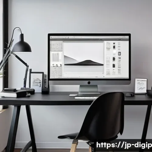 디자인 소프트웨어 선택 시 고려해야 할 요소 - A sleek modern workspace featuring a Japanese designer using Adobe Photoshop on a large high-resolut...