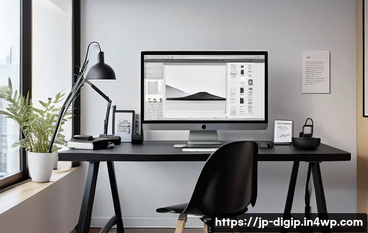 디자인 소프트웨어 선택 시 고려해야 할 요소 - A sleek modern workspace featuring a Japanese designer using Adobe Photoshop on a large high-resolut...
