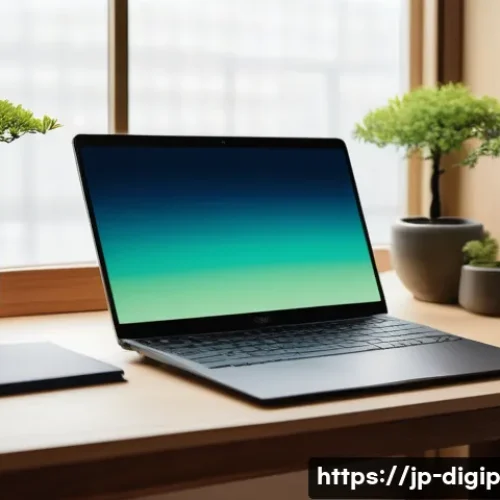 비주얼 콘텐츠 제작을 위한 도구 추천 - A modern Japanese blogger&rsquo;s workspace featuring a sleek laptop displaying a colorful Canva interface...