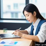 다양한 디지털 도구로 창의성 키우기 - A modern, bright workspace with a young Japanese woman using a smartphone and laptop simultaneously,...