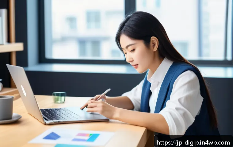 다양한 디지털 도구로 창의성 키우기 - A modern, bright workspace with a young Japanese woman using a smartphone and laptop simultaneously,...