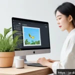 최고의 무료 디자인 도구 목록 - A vibrant digital workspace showing a young Japanese woman using a modern online design tool on a sl...