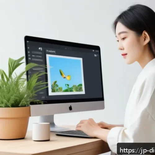 최고의 무료 디자인 도구 목록 - A vibrant digital workspace showing a young Japanese woman using a modern online design tool on a sl...