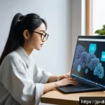 디지털 창의성 도구의 영향력 분석 - A modern creative workspace featuring a young Japanese female digital artist wearing casual comforta...