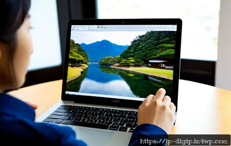 사진 편집 도구 사용법  초보자 가이드 - Photorealistic over-the-shoulder view of a Japanese beginner using a laptop with a clean photo editi...